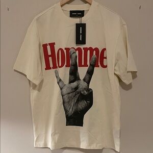 Homme + Femme Men's Short Sleeve Tee in Off-White with Red Print